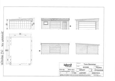 Fasadetegning som viser utsiden av en garasje sett fra fire ulike vinkler (front, side, og to perspektiver).