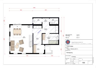 Plantegning som viser romfordeling, mål og areal for en bolig (stue, kjøkken, soverom, bad, WC).