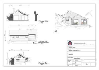 Tegning som viser fasadeopprikk for bygningen sett fra tre sider (Vest, Sør, Øst) med mål og en 3D-visualisering.