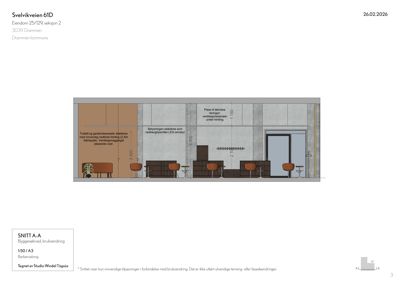 Snittegning (SNITT A-A) som viser innvendig romfordeling, møblering og høyder i en barbersalong.