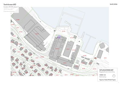 Situasjonskart som viser eiendomsforhold, naboeiendommer og bygningsplassering for Svelvikveien 61D.