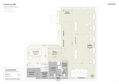 Etasjeplan for en barbersalong med romfordeling, mål og funksjonsbeskrivelser.