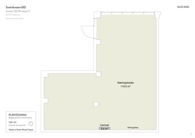 Etasjeplan (plantegning) som viser romfordeling og areal for et næringslokale.