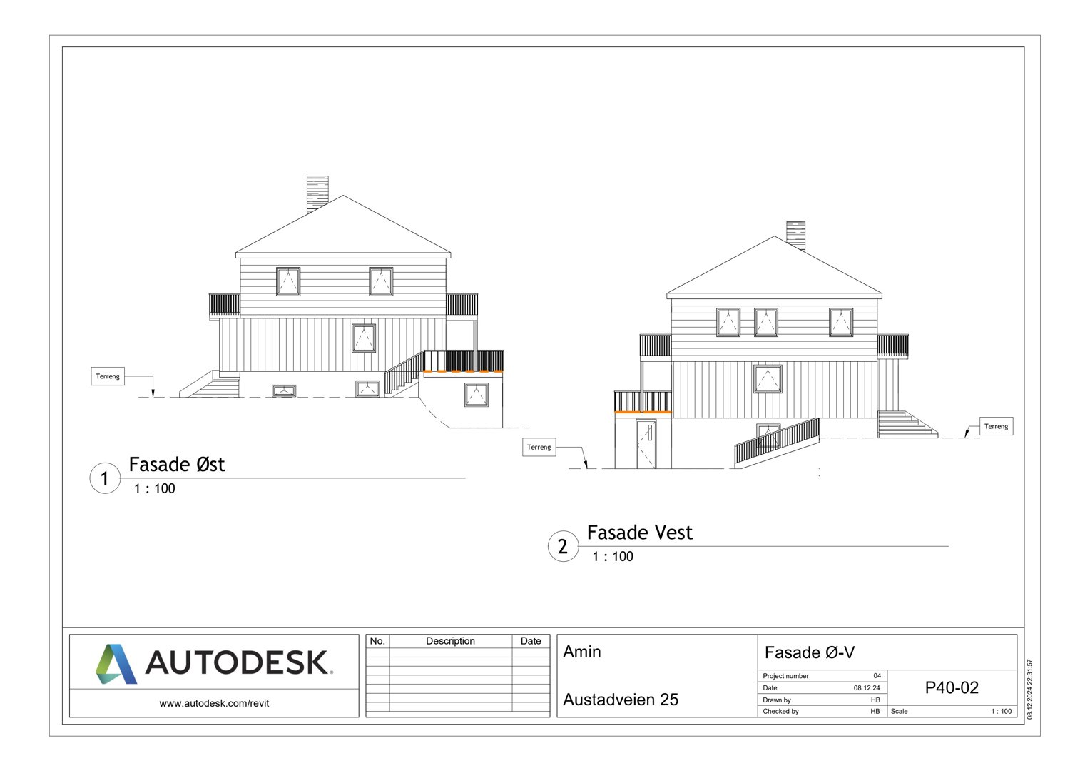 Tegning som viser fasader (Øst og Vest) for en bygning med vinduer, balkonger og trapper.