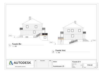 Tegning som viser fasader (Øst og Vest) for en bygning med vinduer, balkonger og trapper.