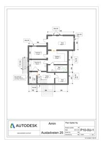 Etasjeplan (1. etasje) som viser romfordeling, mål og trappoppgang for en bolig.