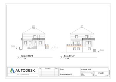 Tegning som viser fasader (Nord og Sør) for en bygning med skala 1:100.