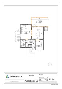 Etasjeplan (plantegning) som viser romfordeling, mål og funksjoner i et hus.