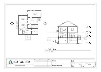Bildet viser en snittegning (Snitt A-A) av en bolig, som viser både romfordeling og bygningens høydeprofil.