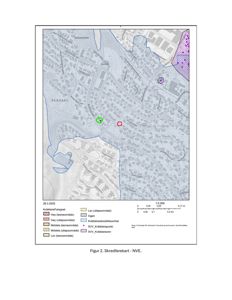 Skredfarekart (NVE) som viser terrengform, skredfareområder og byggefelt i et nabolag.