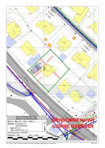 Situasjonskart som viser eiendomsgranser, naboeiendommer og infrastruktur for byggesaken på Austadveien 25.