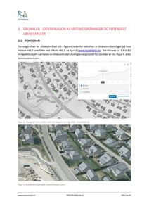 Bildet viser en topografisk kartvisning med høydeprofiler og et flyfoto av et boligområde, som illustrerer terrenget i et tiltaksområde.