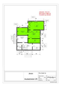 Etasjeplan eller kjellerplan som viser romfordeling, mål og areal for en bolig.