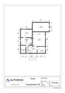 Etasjeplan (kellerplan) som viser romfordeling, mål og areal for en bolig.