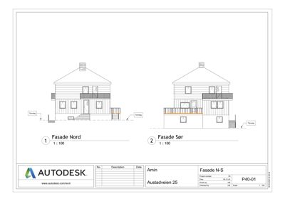 Tegning som viser fasadeutseendet av en bygning sett fra Nord og Sør.