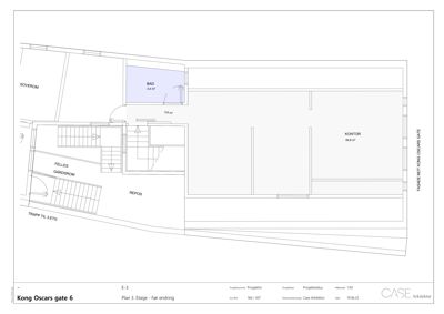 Etasjeplan (Plan 3) for bygningen på Kong Oscars gate 6, som viser romfordeling, trapper og fasade.