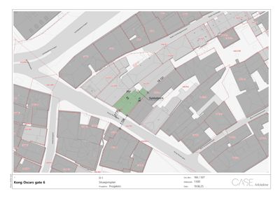Situasjonsplan som viser tomtegrenser, bygninger og veier i området rundt Kong Oscars gate 6.