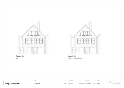 Fasadetegning som viser 'Fasade Sør' før og etter endring.