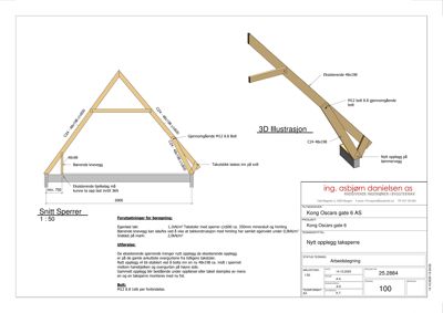 Snittegning (1:50) av en takkonstruksjon med detaljerte mål, materialer (t.ex. C24, 48x198) og monteringsinstruksjoner for en ny taksperr.