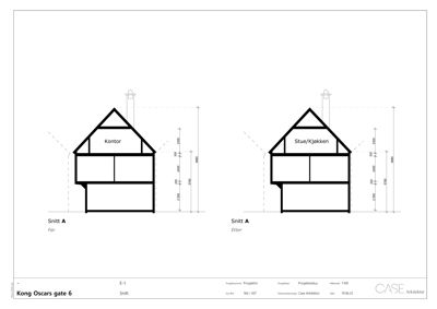 Snittegning (Snitt A) som viser bygningens tverrsnitt før og etter endringer, med romfordeling (Kontor, Stue/Kjøkken) og høydemål.