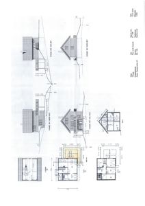Fasadetegning med oppriss av bygning sett fra fire ulike vinkler (vest, nordvest, nordøst og øst), samt et snitt (snitt) og et plan (plan).