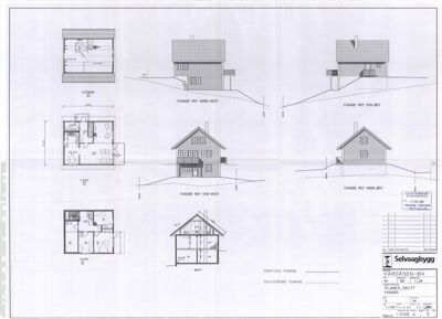 En tegning som viser etasjeplaner (romfordeling), fasadeopprikk og snitt av en bolig.