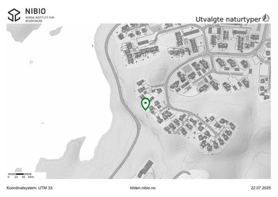 Kart over et område med topografi (konturlinjer) og bygningsfot. Bildet viser en markør som peker på en spesifikk tomt eller bygning. Det er også en overskrift om 'Utvalgte naturtyper'.
