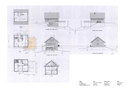 Et sammensatt arkitekttegningssett som viser fasader (opprikk) av en bygning sett fra ulike vinkler, samt snitt og etasjeplaner.
