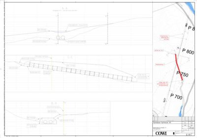 Snittegning som viser tverrsnitt gjennom en terrengprofil med angivelse av nivåer (P 700, P 750, P 800), terrengform og konstruksjonsdetaljer.