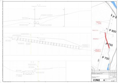 Snittegning som viser tverrsnitt gjennom en terrengprofil med angivelse av nivåer (P 700, P 750, P 800), terrengform og konstruksjonsdetaljer.