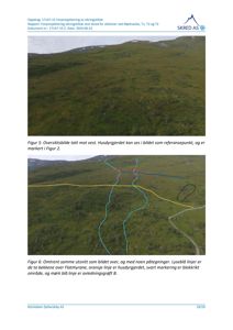 Fotografier av et fjellandskap med overlagte markeringer (linjer og områder) som viser bekker, husdyrgjerde og blokkkriftområde.