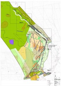 Situasjonsplan som viser tomtedeling, arealbruk, topografi og infrastruktur for et område delt inn i fire deler (Del 1-4).