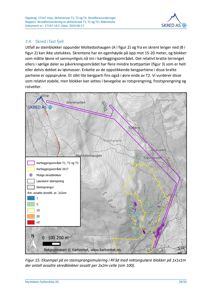 Kart som viser et kartleggingsområde (T1, T2 og T3) med overlagte topografiske linjer, en simulert steinsprang (lilla område) og en tidligere kartlegging (gult område).