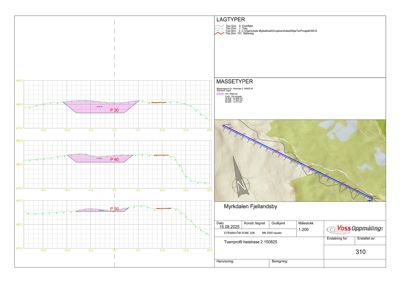 Tverrprofiltegning (topografi) med masse- og lagtyper for heistrase 2 i Myrkdalen Fjellandsby.