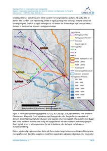 Kart over et kartleggingsområde med overlagte data om nedbør, overvannsanalyse, avledningsgrøfter og bekkeforløp.