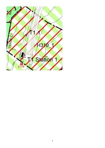 Situasjonsplan som viser tomtens form, grenser (TRASE C1), høydemål (H310_1), og plassering av en bygning (T1 Station 1) med tilhørende høydemål.