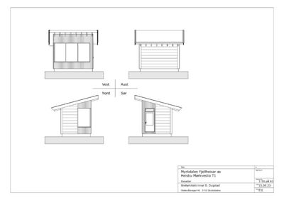 Fasadetegning som viser bygningens utseende fra fire sider (Vest, Aust, Nord, Sør).