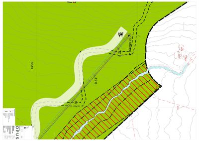 Situasjonsplan som viser terrengformning (konturlinjer), vannløp, vegforløp, arealbruk (grøntfarget med tekst som BSA3) og planlagt bebyggelse (T2-stasjoner).