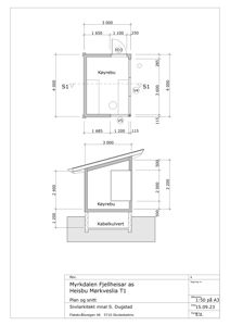 Snittegning av en køyrebue med mål og detaljeringslinjer