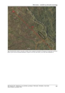 Et ortofoto (flyfoto) av et skogområde med overlagte røde og svarte linjer som viser planlagte skitrekk (T2) og andre områder.