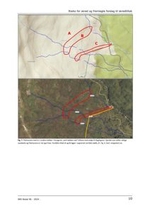 Kart som viser topografi, bekker og foreslåtte skredtiltak (A, B, C) i et landskap.