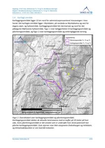 Oversiktskart over kartleggingsområdet og påvirkningsområdet i Myrkalden, med topografiske linjer, vannmasser, stedsnavn og markerte punkter (stasjoner, klimamodellpunkter).