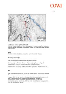Kart over et terrengområde med konturlinjer, en rød markert sti/rute, og en blå elv. Kartet er en del av en rapport fra COWI.