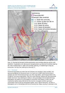Kart som viser beregnet jordskredutbredelse og skredtrykk i et planområde, med fargekodet risikokartlegging og bakgrunnskart.