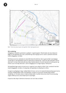 Kart som viser alternativer for plassering av sikringstiltak i et vassdragsområde, med topografiske linjer og vannløp.