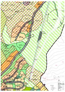 Situasjonsplan som viser tomtedeling, vegnett, høydeforhold (konturlinjer) og arealbruksinndeling (f.eks. H310, T1, BF).