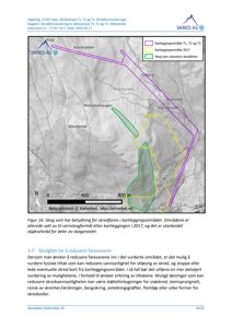 Kart over et skredfareområde med overlagte kartleggingsområder og skogområder som reduserer skredfare.