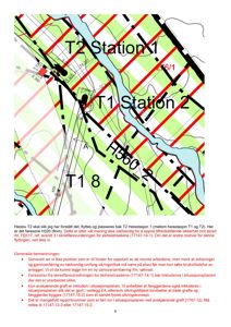 Situasjonsplan som viser plassering av T1 og T2 stasjoner i forhold til Heisbu T2, skredfareområder (H320, H360) og grøft. Inneholder også tekstmessige notater om sikringstiltak og referanser til andre tegninger.