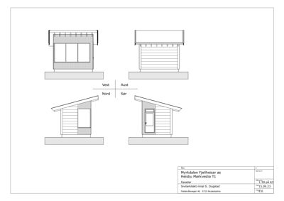 Fasadetegning som viser bygningens utseende fra fire sider (Vest, Aust, Nord, Sør).