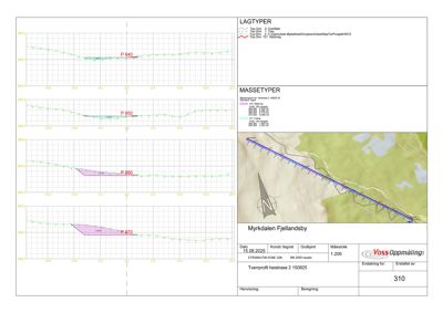 Tverrsnitt av heistrase med topografisk bakgrunn og lagtyper